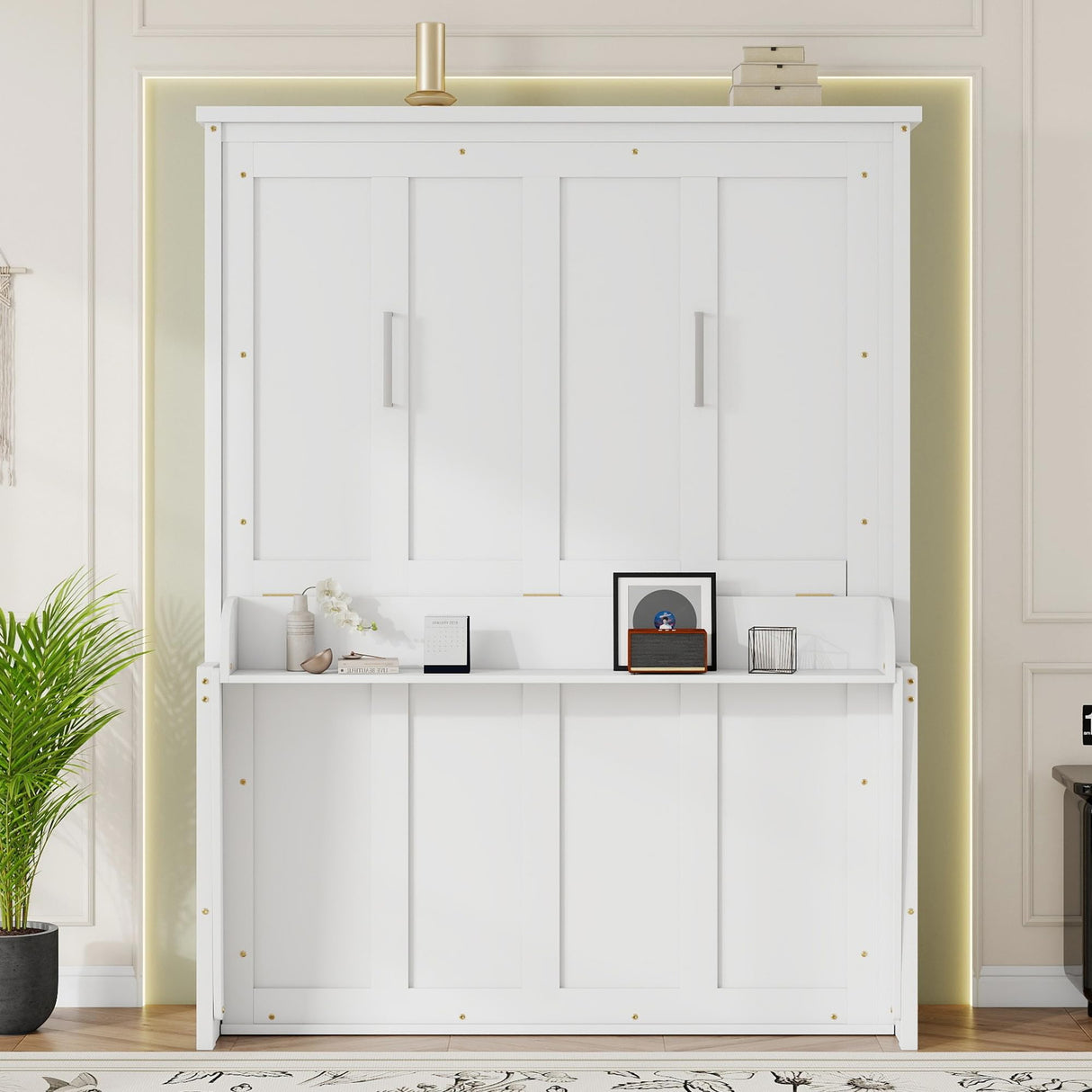 LUMISOL Queen Size Solid Wood Murphy Bed with Desk, Space Saving Hidden Wall Bed, Wall Bed Cabinet with Gas Struts, White LUMISOL