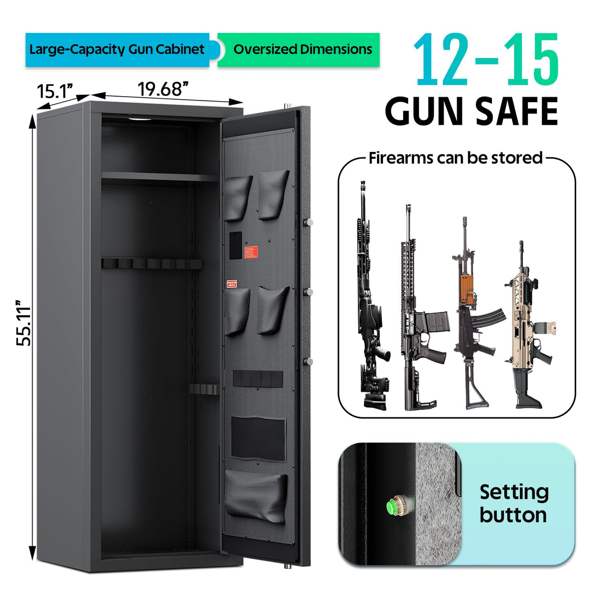 KAER 12-15 Gun Safe, Rifle Safe, Gun Safe for Rifles and Pistols, Gun Cabinet, Gun Safes for Rifles with Adjustable Gun Racks & Shelf, Large Digital Gun Locker, Suitable for AR15 KAER