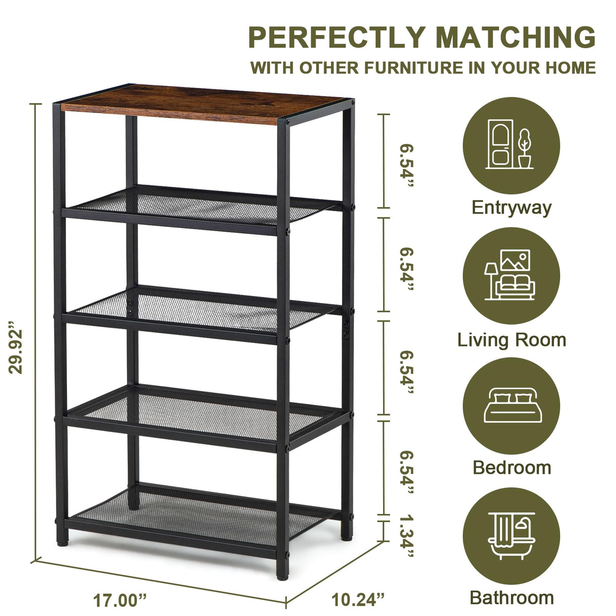 BWOORACKU Shoe Rack, 5-Tier Narrow Shoe Shelf with Dense Metal Mesh, Durable Industrial Freestanding Shoe Rack for Front Door Entrance, Hallway, Entryway, Living Room (29.92" H Rustic) BWOORACKU
