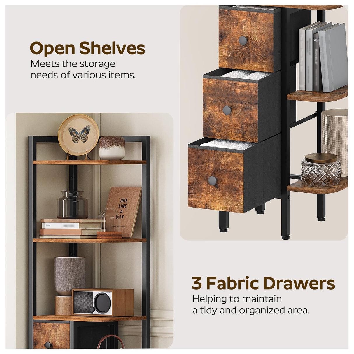 YATINEY Corner Shelf Stand, 5-Tier Corner Bookshelf with 3 Drawers, Industrial Display Shelf for Narrow Spaces, Wooden Small Bookcase, Easy Assembly, Rustic Brown and Black CJ10BR YATINEY