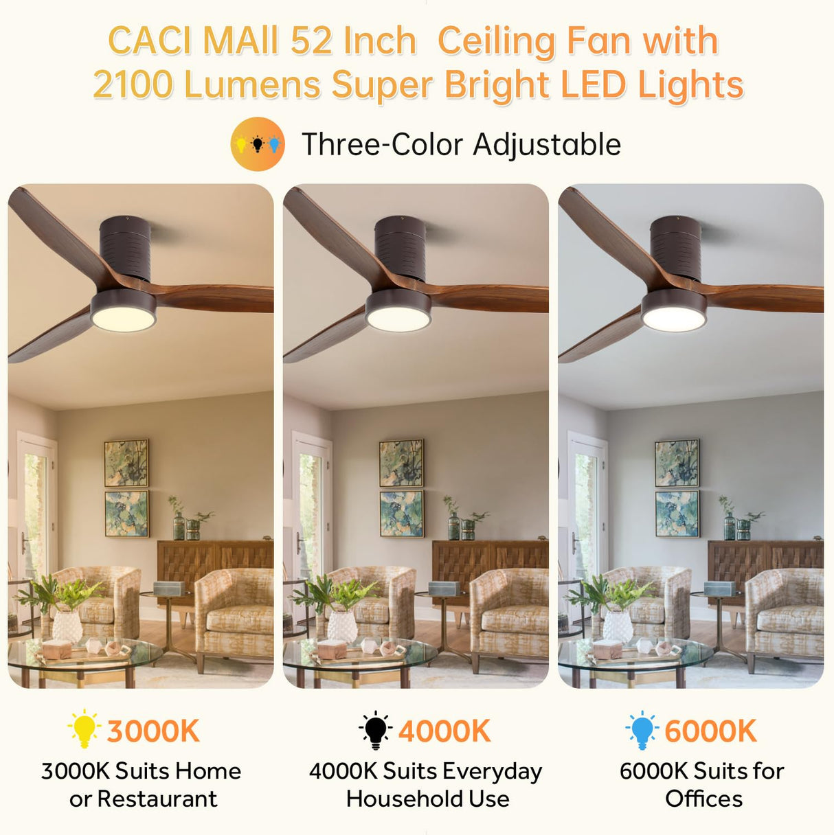 CACI Mall 52 Inch Flush Mount Ceiling Fan with Lights, 3 blade wood ceiling fan, Low Profile Ceiling Fan with Remote,Noiseless 6 Speeds Adjustable,Reversible DC Motor CACI Mall