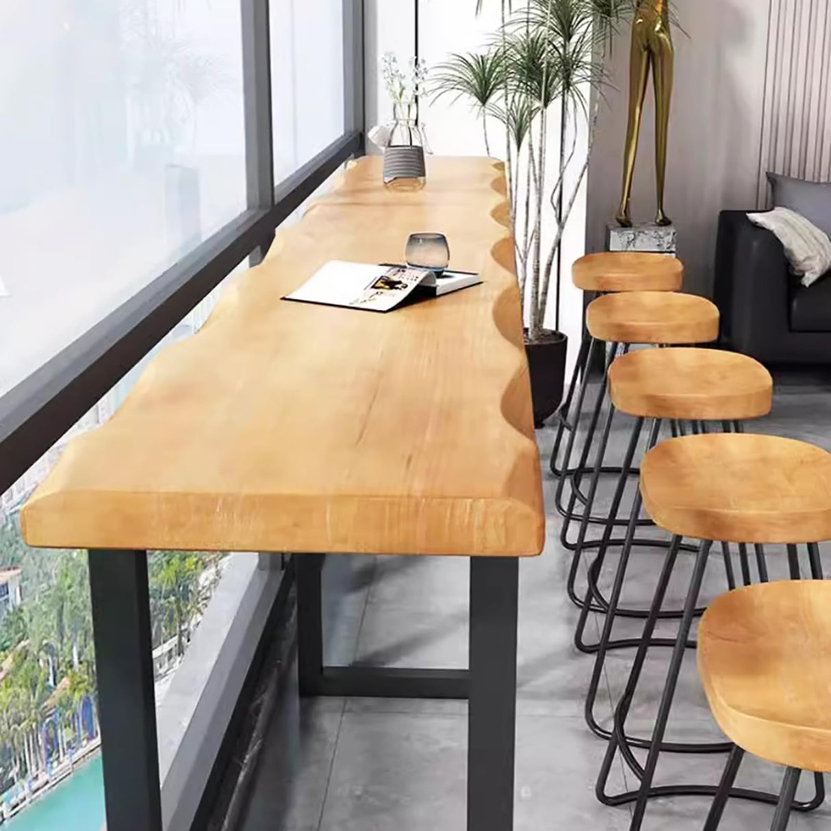 Lebolna Industrial Bar Counter Table,Solid Wood Bar Top Table Long Narrow Bar Table,Rectangular Bar Height Pub Table Rustic Counter Top Table,Live Edge Kitchen Dining Table,No Stool(86.6", Brown) Lebolna