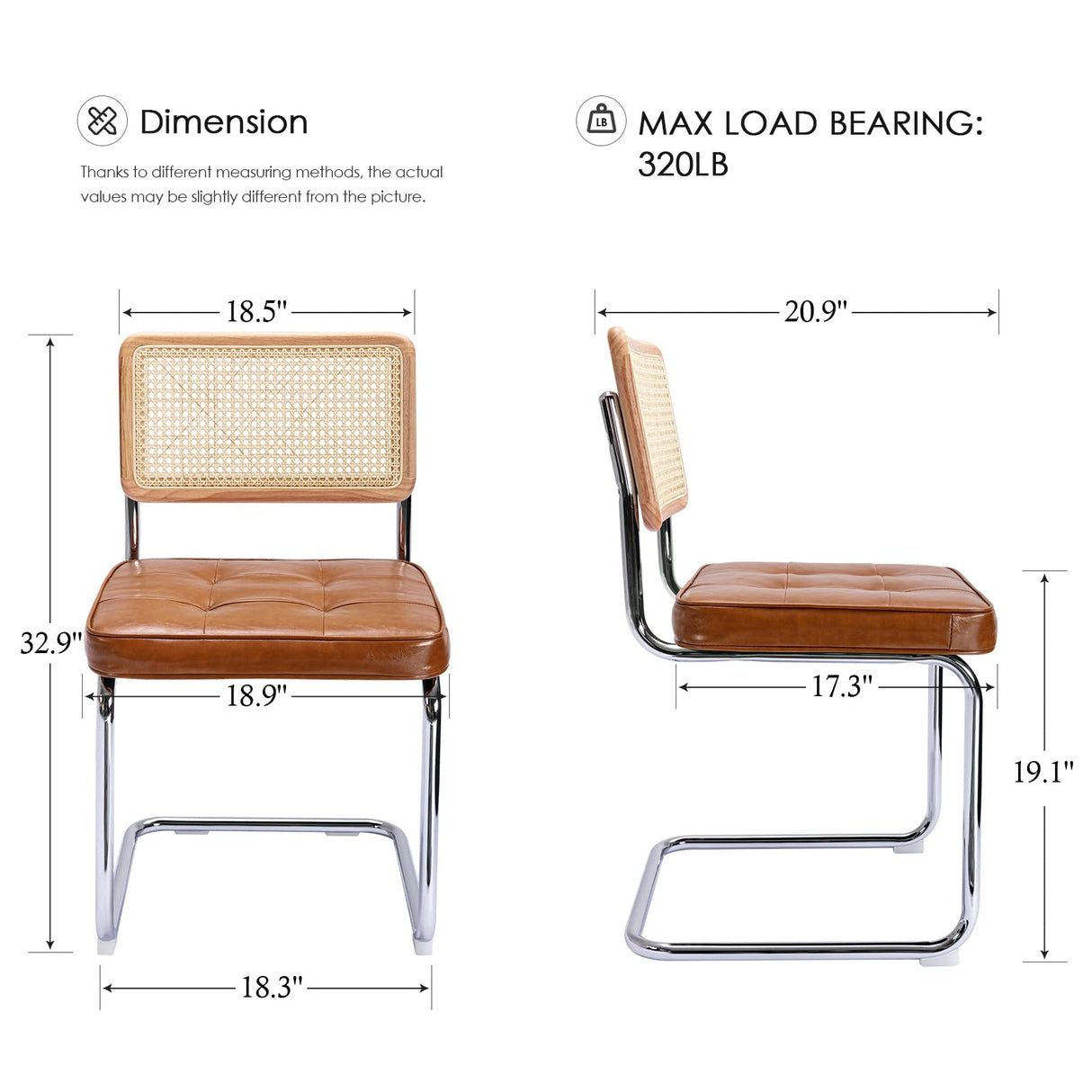 Zesthouse Mid-Century Modern Dining Chairs, Upholstered Tufted Faux Leather Accent Chairs Rattan Dining Chairs Set of 2, Armless Mesh Back Cane Chairs with Metal Chrome Legs, Brown Zesthouse