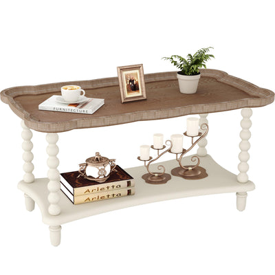 Function Home Farmhouse Coffee Table, Rustic White French Country Center Table with Storage Shelf, Wood Coffee Tables for Living Room Dining Room, Natural Tray Top and Vintage White Spindle Legs