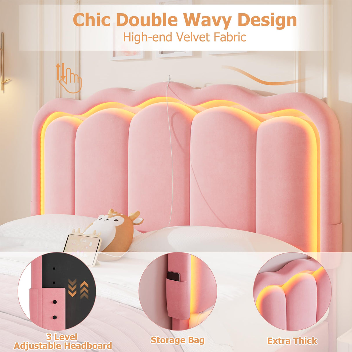 Full Upholstered LED Bed Frame with 2 Storage Drawers and Adjustable Chic Double Wavy Headboard, Velvet Princess Platform Bed with Charing Station, Solid Wood Slats Support,No Box Spring Needed,Beige Jocoevol