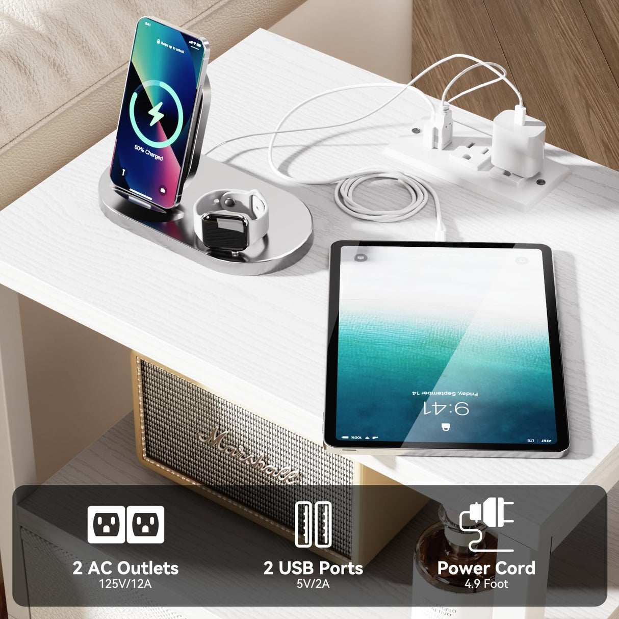 Furologee Nightstands Set of 2, End Tables Set of 2 with Charging Station and LED Lights, White Night Stands with 2 Fabric Drawers, Bedside Tables for Living Room/Bedroom Furologee