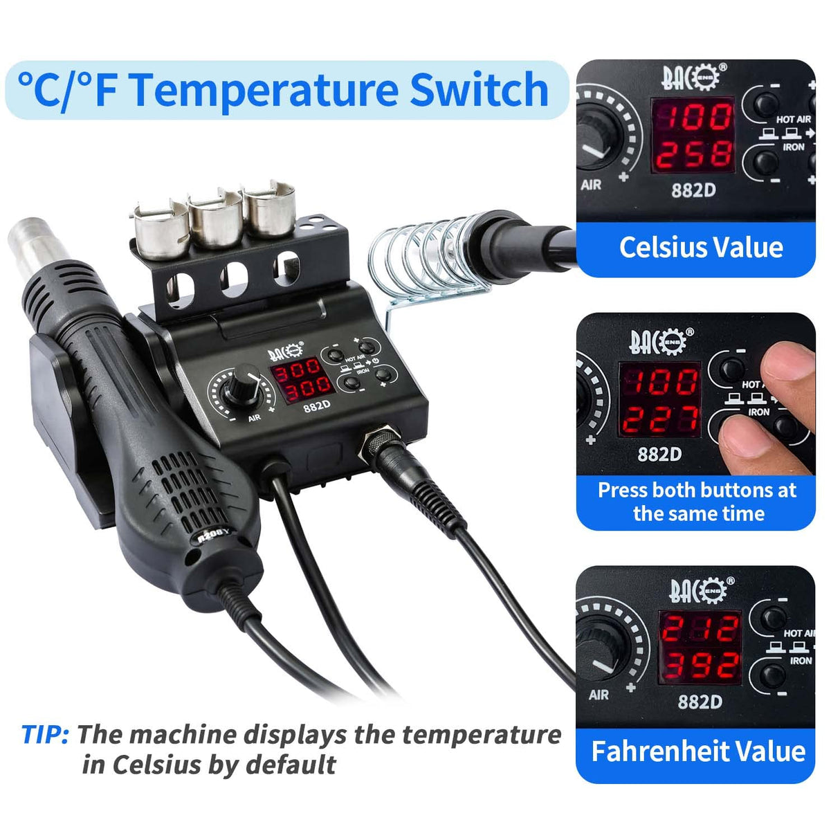 BACOENG 2 in 1 882D Soldering Iron Hot Air Rework Station with LED Display and ℉/℃ Conversion BACOENG