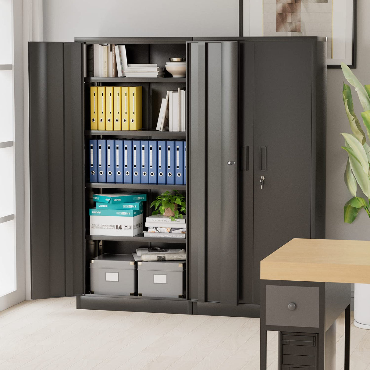 Furniwell Metal Storage Cabinet with 2 Doors & 4 Adjustable Shelves, Lockable Garage Storage Cabinet, Steel Utility File Cabinet for Home, Garage, Black, 71" H x 31.5" W x 15.7" D Furniwell