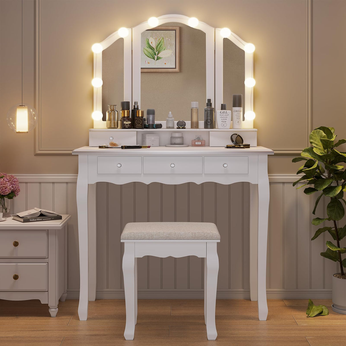 Tiptiper Makeup Vanity with Lights, Vanity Desk with Lighted Mirror and Stool, Vanity Table Set with 5 Drawers, 3 Light Settings, Adjustable Brightness, White Tiptiper