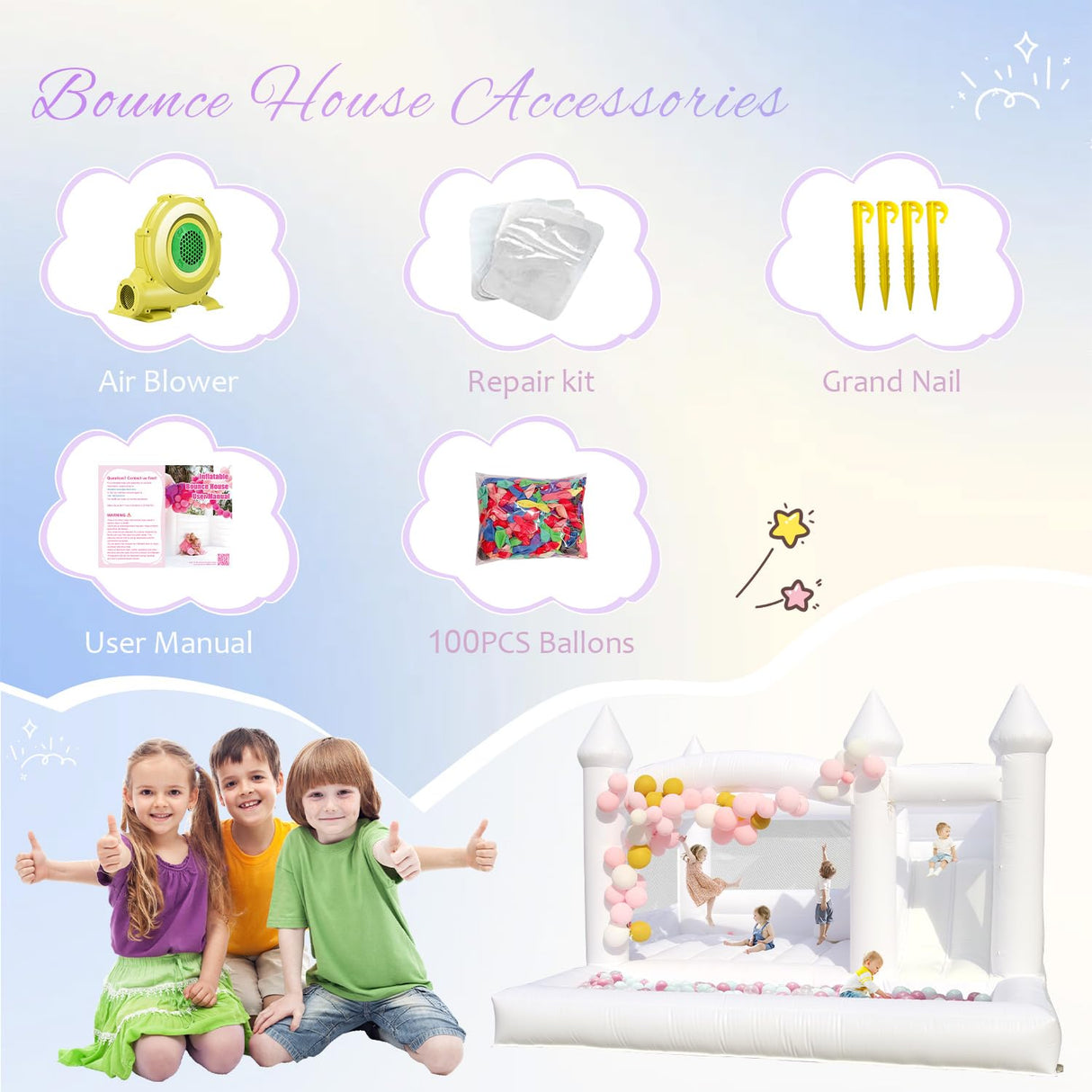 15ft White Bounce House for Adults Kids, 100% PVC Commercial Bounce House with Slide&Ball Pit, Adult Bounce House with Blower, Inflatable Balloon Bubble House Wedding Party, Up to 1000LB, 15x15x10FT Relunch