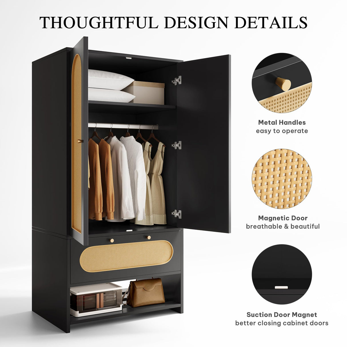 DWVO Rattan Armoire Wardrobe Closet - 70" Tall Rattan Armoire Closet with Doors, Large Storage Cabinet with Drawers & Hanging Rod/Bedroom Armoire - Black DWVO