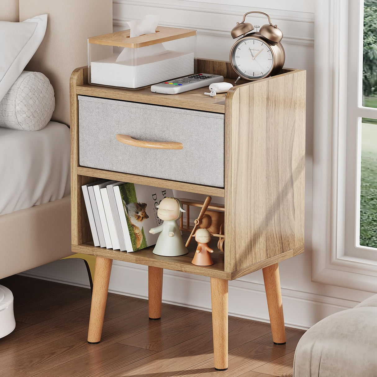 LUCKNOCK Night Stand with Drawer, Modern Nightstand, Bedside Tables, Mid Century Nightstands with Open Storage Shelf, Wood Bedside Table, Small Night Stands for Bedroom, 2-Tier Night Table, Walnut. LUCKNOCK