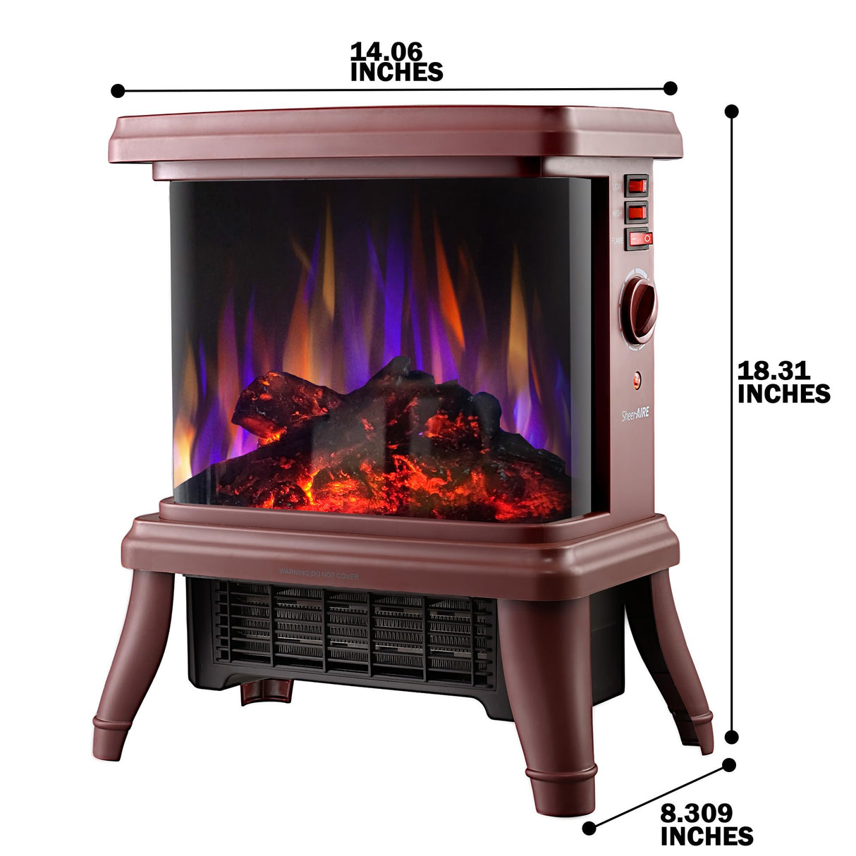 18“ Panoramic Window 1500W/1650W Electric Wood Stove Fireplace with Flame Effect, 4 in 1 Freestanding Indoor Space Heater. 3S of Rapid Heat. Fully Curved 3D Panoramic Flame Effect,Red Brown SheerAIRE