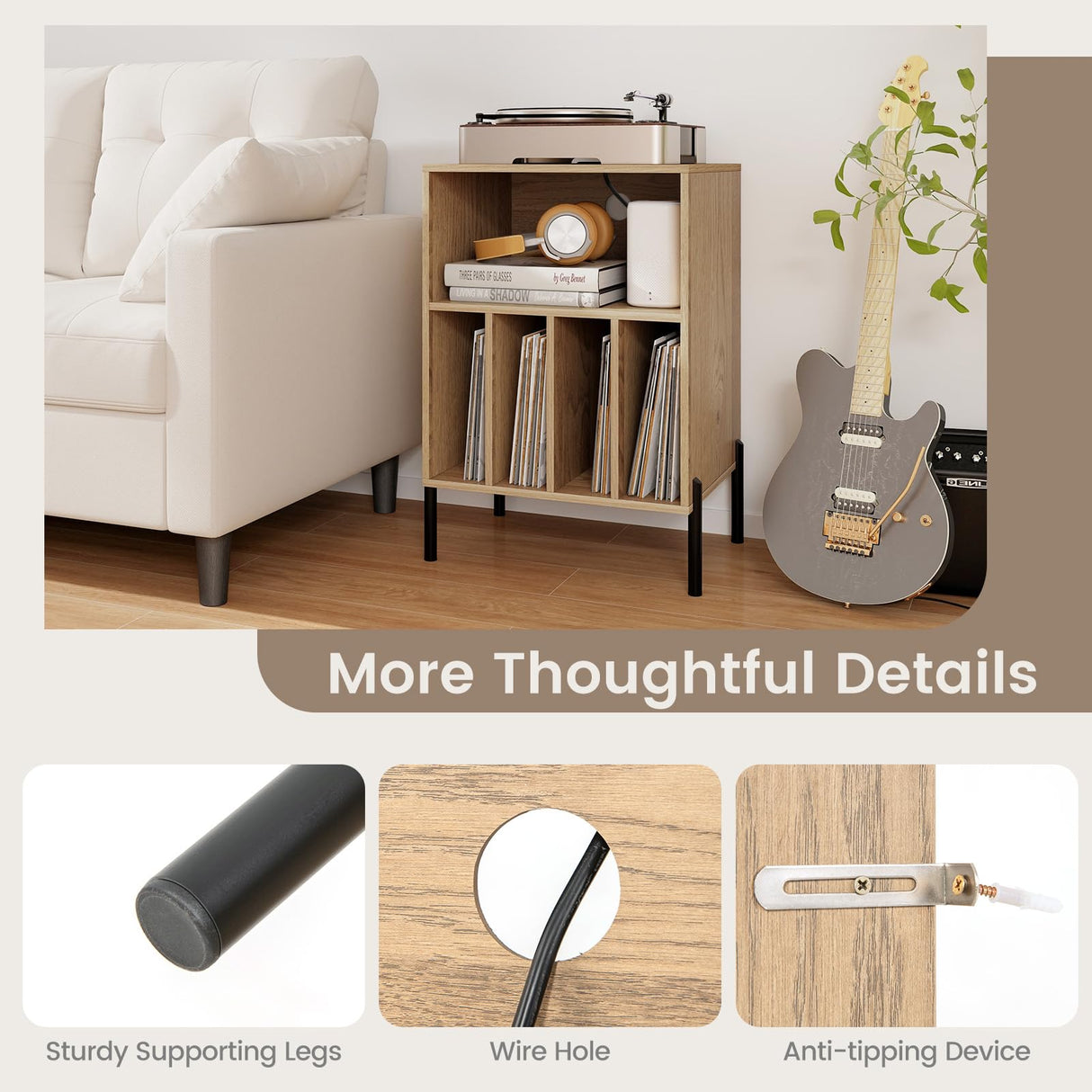 Giantex Record Player Stand with Charging Station, Turntable Stand with Storage Cabinet, Record Player Shelf with Metal Legs, Vinyl Record Storage up to 150 Albums for Living Room, Bedroom (Natural) Giantex