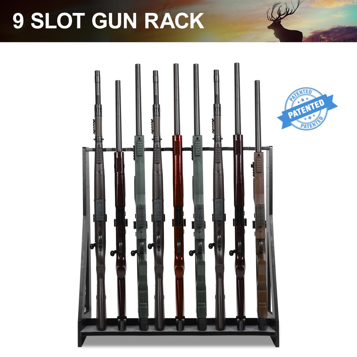 Xnwouco Gun Rack, Freestanding Rifle Gun Rack, Wooden Adjustable Rifle Stand Holds up 9 Long Guns, Gun Display Stand with Anti-scratch Padding, Rifle Storage Holder for Home, Garage, Black Xnwouco
