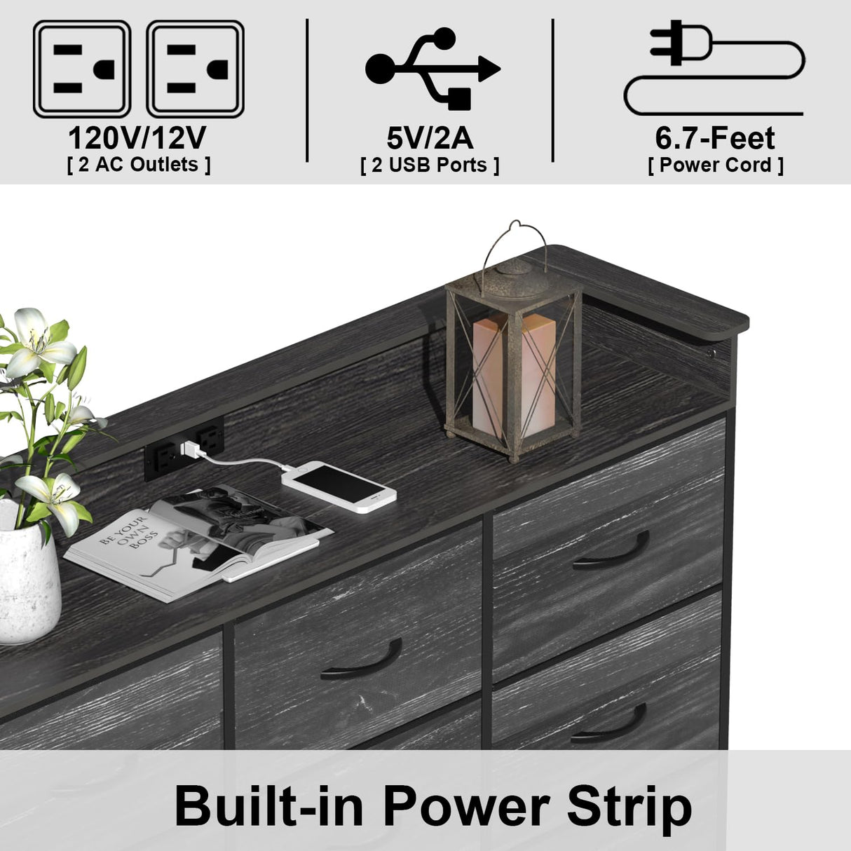 EXOTICA Black Dresser with Charging Station 9 Drawers Dresser with LED Light and USB Ports Fabric Dresser for Bedroom Hallway Entryway Closets Sturdy Steel Frame Wood Top EXOTICA