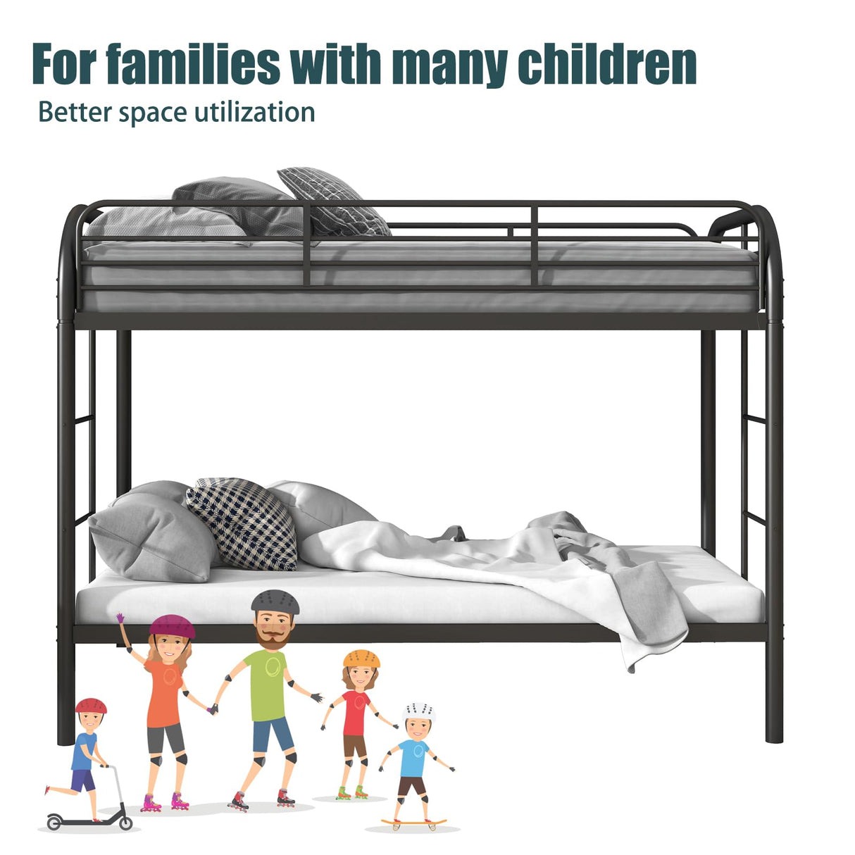 Flolinda Metal Bunk Bed Twin Over Twin, Heavy Duty Bunk Beds with 2 Ladders and 11.8" Full-Length Guardrail, Space-Saving Bunk Bed with Storage, No Box Spring Needed, Easy Assemble, Black Flolinda
