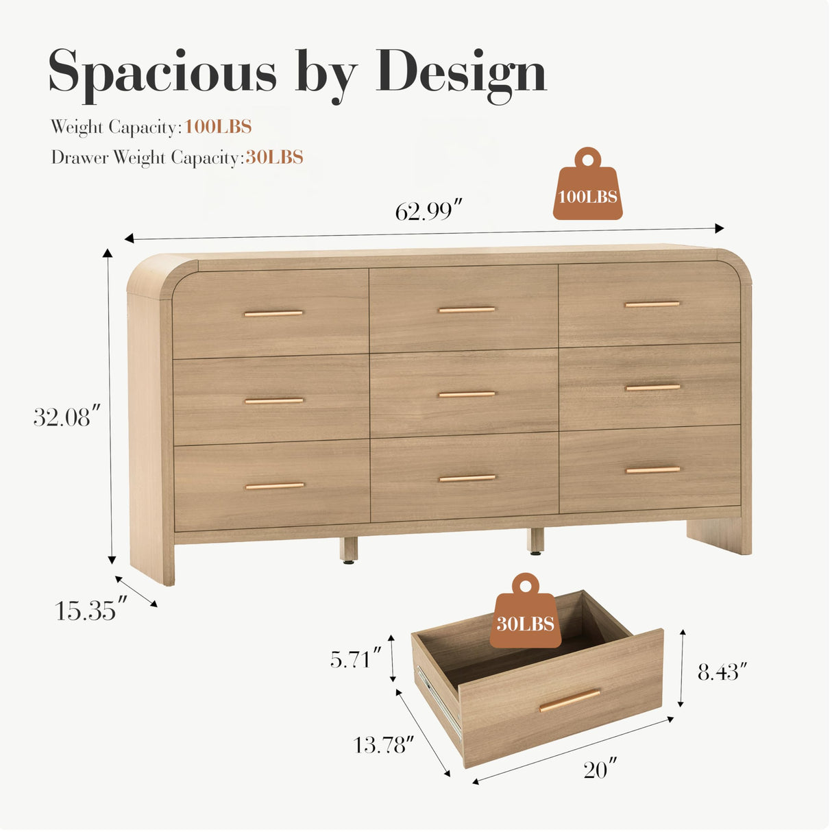 EliteSet Curved 9-Drawer Dresser for Bedroom, 63" Wide Modern Chest of Drawers, Vanity Desk TV Stand for Living Room, Closet Storage Drawers Organizer Furniture, Nursery, Hallway, Oak EliteSet