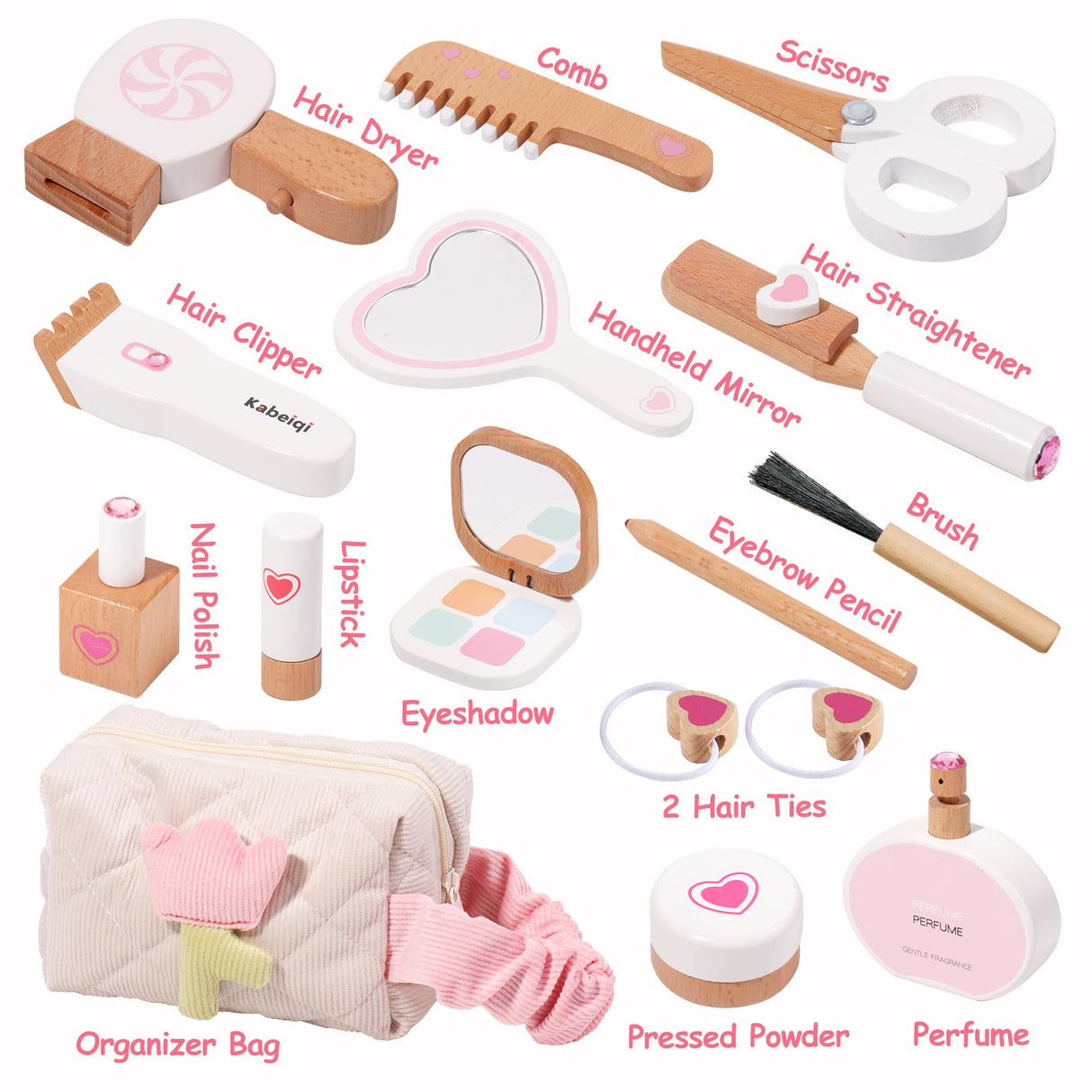 16Pcs Wooden Makeup Kit Toy for Toddlers, Pretend Play Beauty Salon Set with Styling Tools, Cosmetics and Storage Bag for Kids Age 3+ Gserin