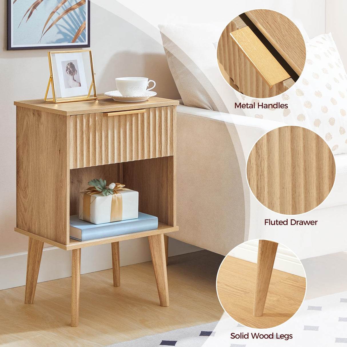 MAHANCRIS End Table, Fluted Night Stand, Modern Side Table, Bedside Table with 1 Drawer and 1 Open Compartment, Mid Century Nightstand, for Living Room, Bedroom, Study, Office, Natural ETNA6201 MAHANCRIS