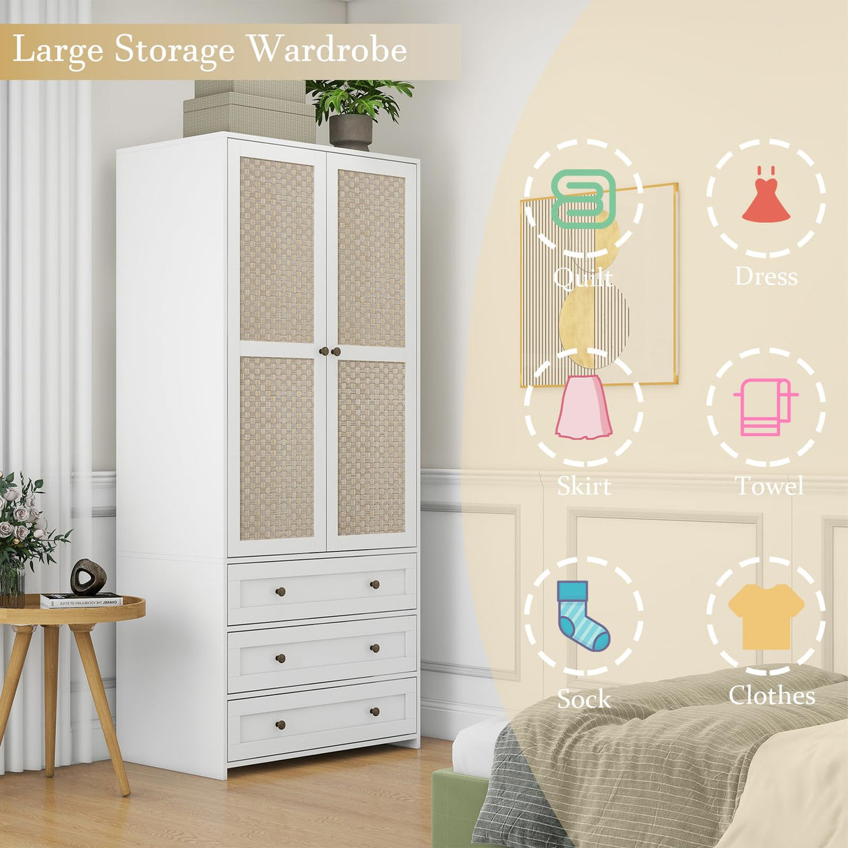 YHAOWORKS Armoire Wardrobe Closet with Drawers - Rattan Clothing Storage Cabinets with 2 Woven Doors, 71" Wood Wardrobe Cabinet with Hanging Rod for Bedroom (White) YHAOWORKS