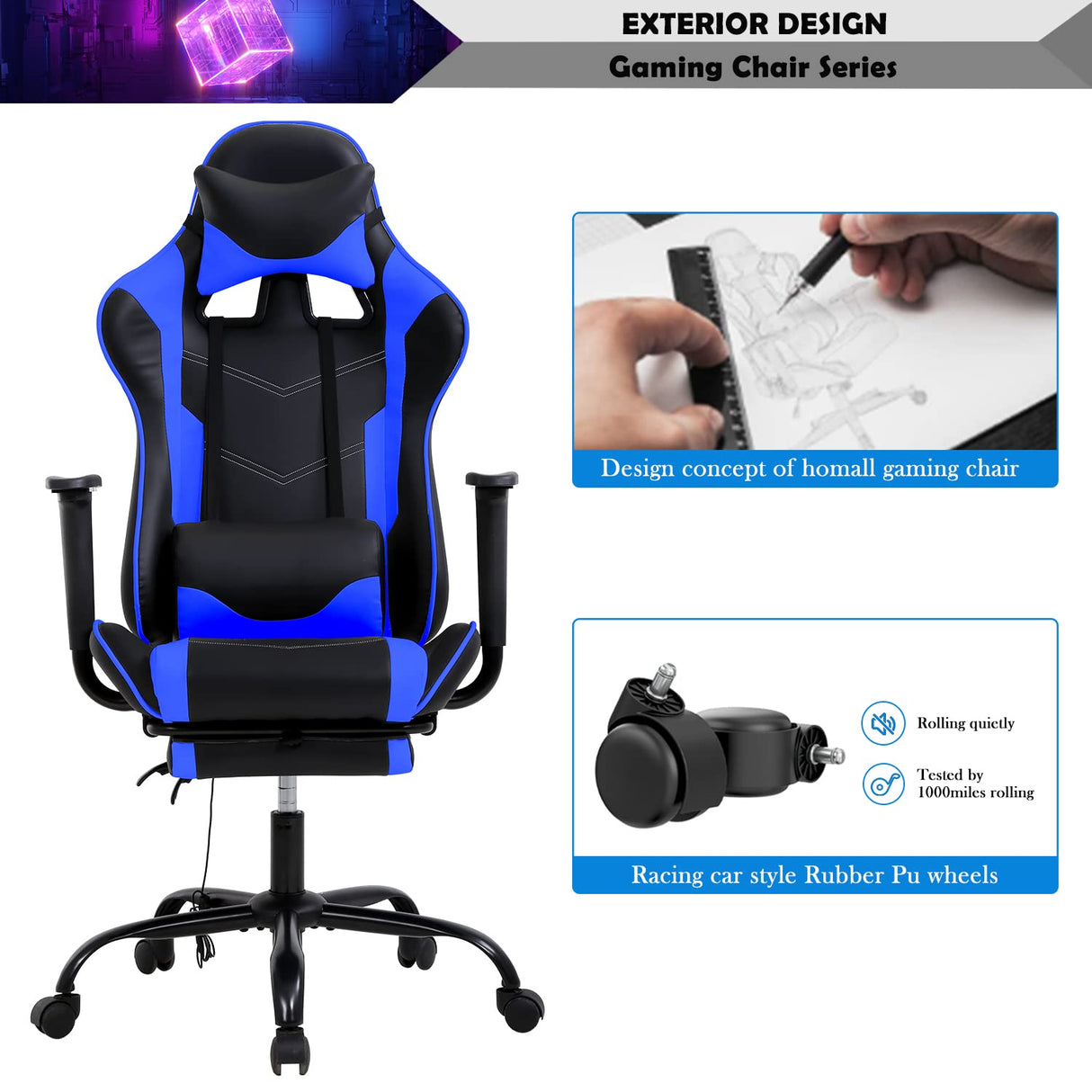 Gaming Chair, Height Adjustable Swivel Rolling Chair with Headrest Footrest and Massage Lumbar Support, PU High Back Ergonomic PC Chair for Office or Gaming, Office Gaming Chair Haiput Wam