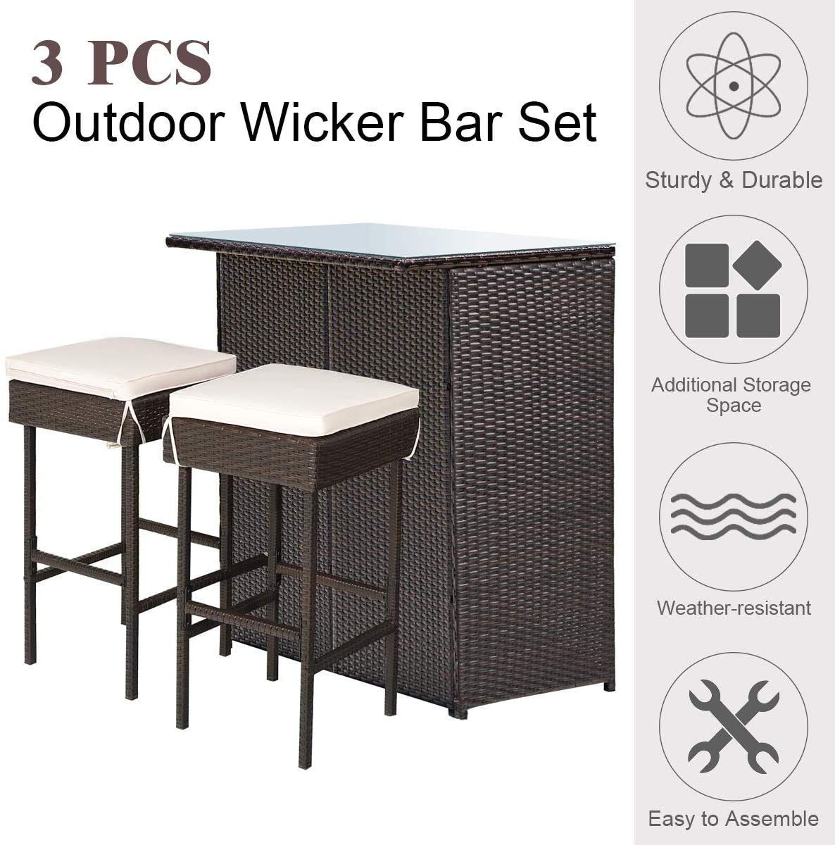 HAPPYGRILL 3PCS Patio Bar Set Rattan Wicker Bar Stools & Table with Cushions and Glass Table Top for Pool Garden Dining Set with Storage Shelves HAPPYGRILL