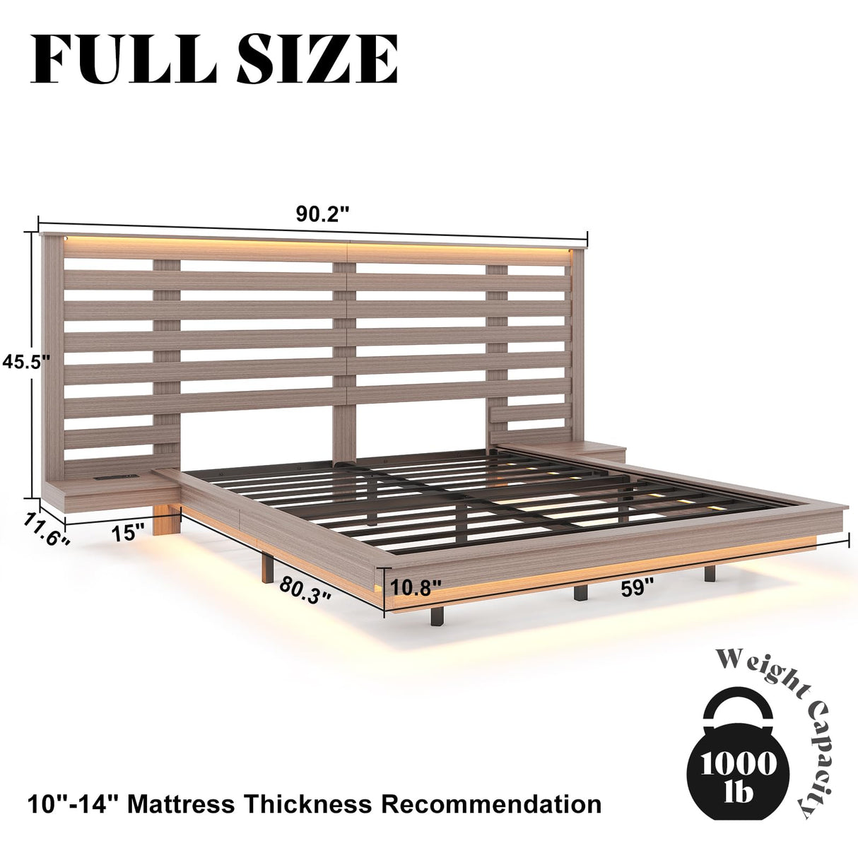 AMERLIFE Taupe Farmhouse Floating Bed Frame with LED Lights, Extended Grille Headboard & Integrated Nightstands AMERLIFE
