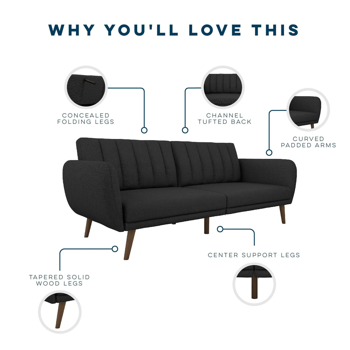 Novogratz Brittany 82 Inch Futon Sofa Bed, Upholstered Couch Sleeper with Tufted Back, Mid-Century Modern, Dark Gray Novogratz