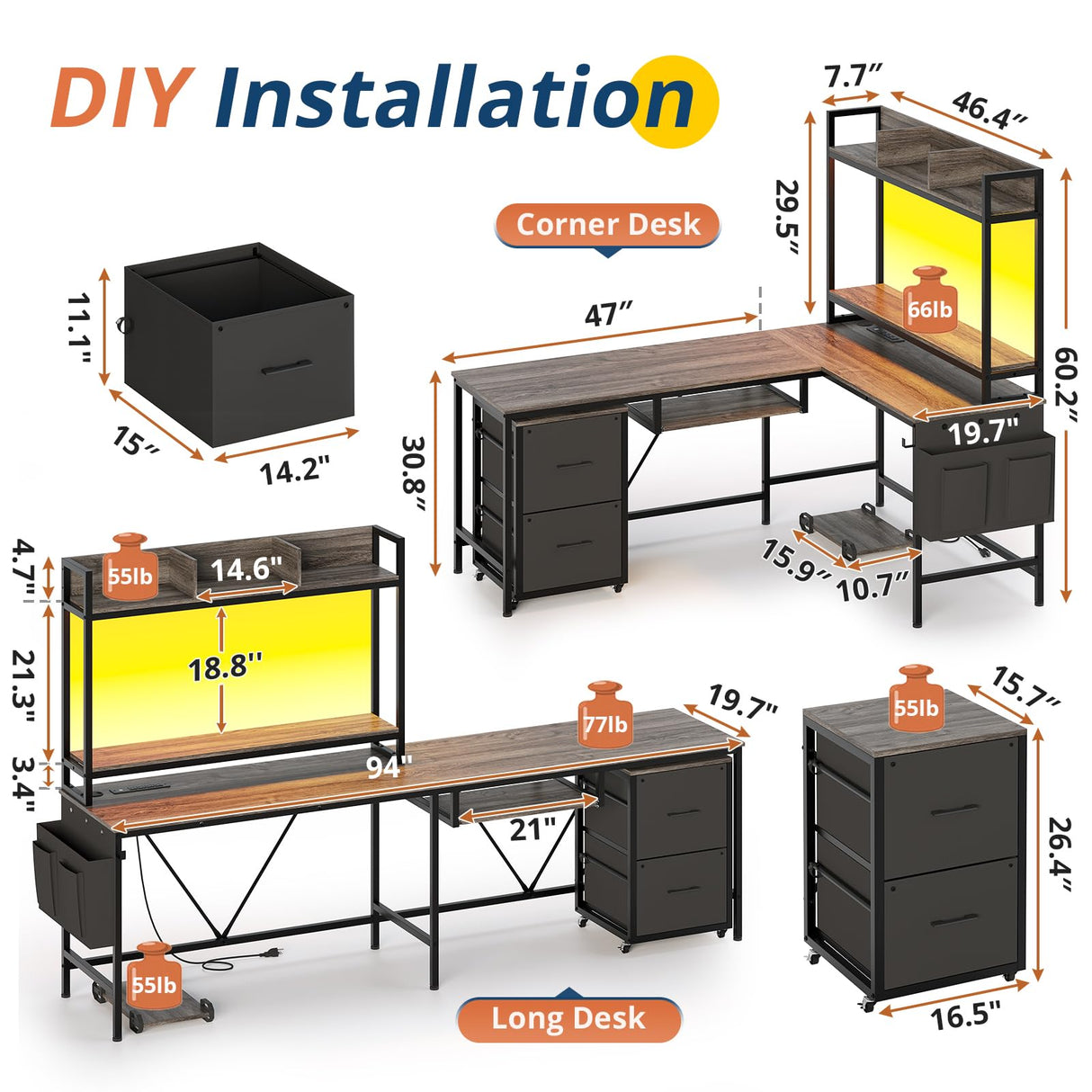 VIGKOOK L Shaped Gaming Desk, Reversible Corner Computer Desk with Power Outlet & Led Strip Home Office Desks Drawer File Cabinet Keyboard Tray (Dark Grey, 67in) VIGKOOK
