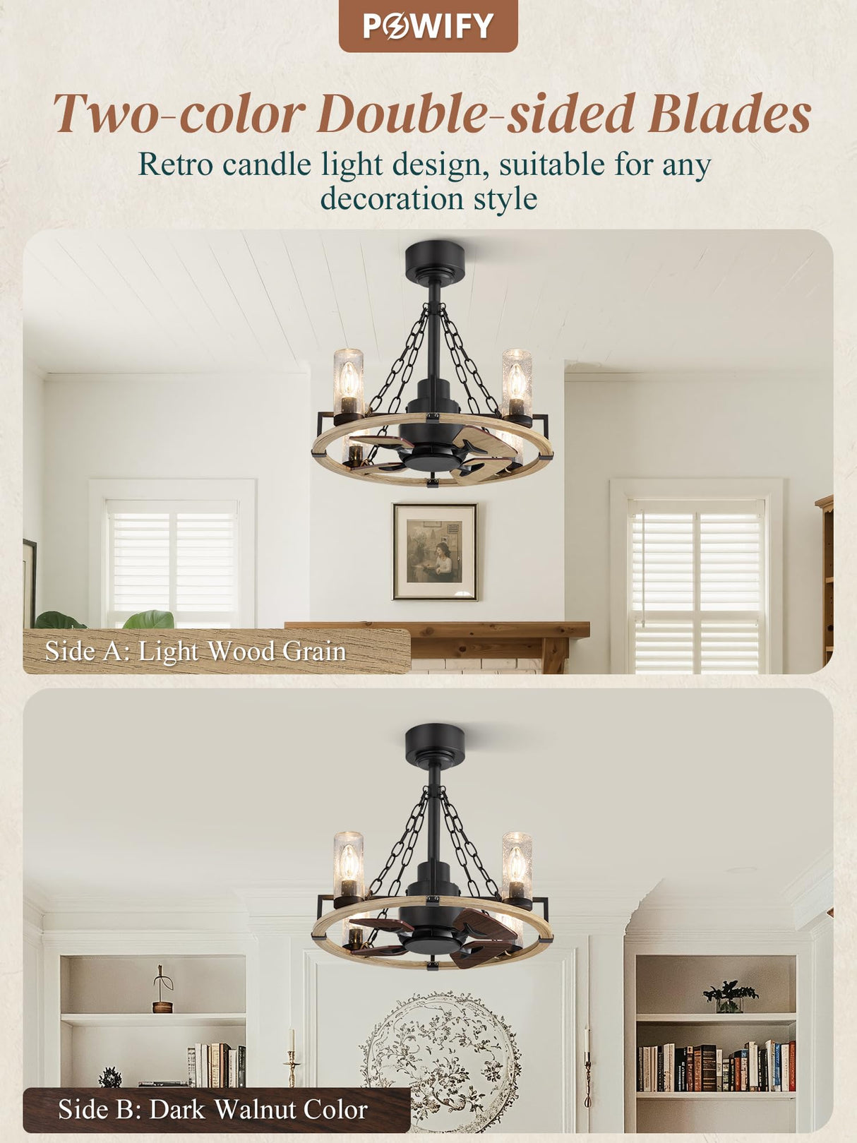 POWIFY 20 Inch Wagon Wheel Chandelier with Fan, Farmhouse Chandelier Fan with Remote, Quiet Reversible Motor, Dual Finish Blades, Black Rustic Ceiling Fan for Bedroom Dining Room Living Room Kitchen POWIFY