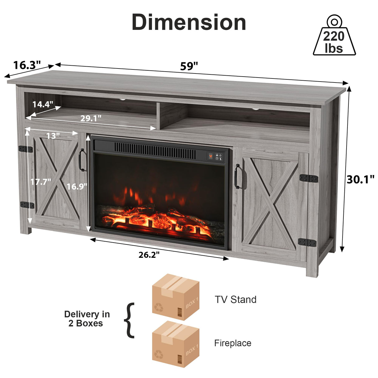 Furmax Farmhouse Fireplace TV Stand for TVs Up to 65 Inch Highboy Entertainment Center with Open Storage and Side Cabinets Rustic Media Console Table with Barn Doors for Living Room (Grey Wash) Furmax