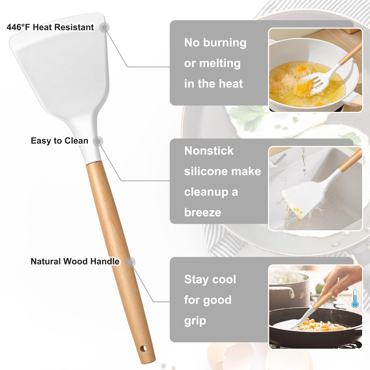 E-far Silicone Cooking Utensils Set, 446℉ Heat Resistant 10PCS Kitchen Utensils Set with Wooden Handle for Nonstick Cookware, Kitchen Tools Spatula Whisk Tongs Ladle, Non-toxic & Healthy, White E-far