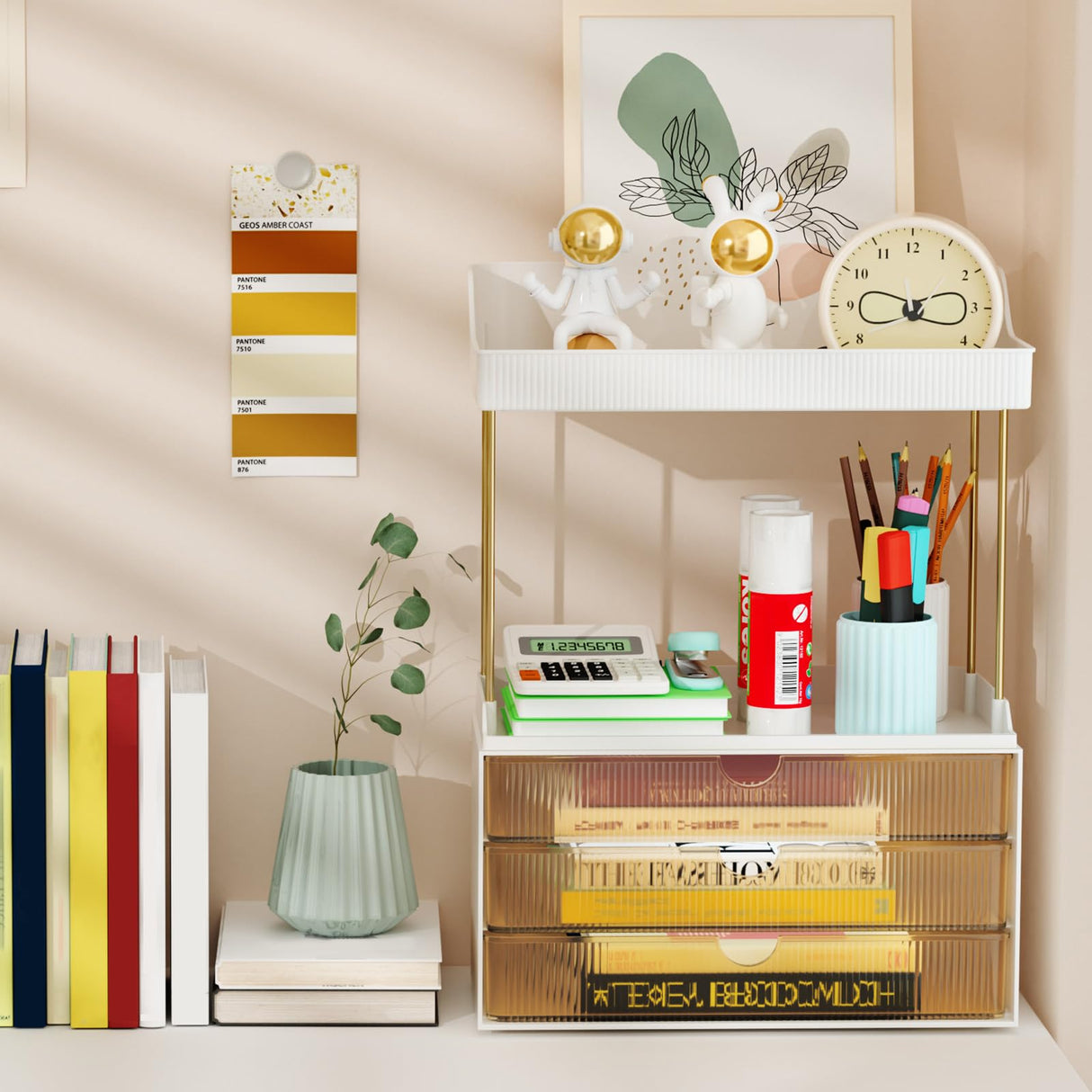 3 Drawers Makeup Organizer - 5 Tier Bathroom Organizers and Storage, Versatile Perfume Organizer, Vanity Organizer, Ideal for Cosmetic, Large Skincare, Face Mask, Office Supplies, Amber StorBin