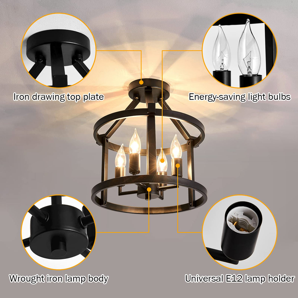 UOFUS Metal Semi Flush Mount Ceiling Light Fixture 4 Candle Holder Matte Chandelier Farmhouse Ceiling Lamp for Dining Room Bedroom Kitchen Hallway Entryway(Black) UOFUS