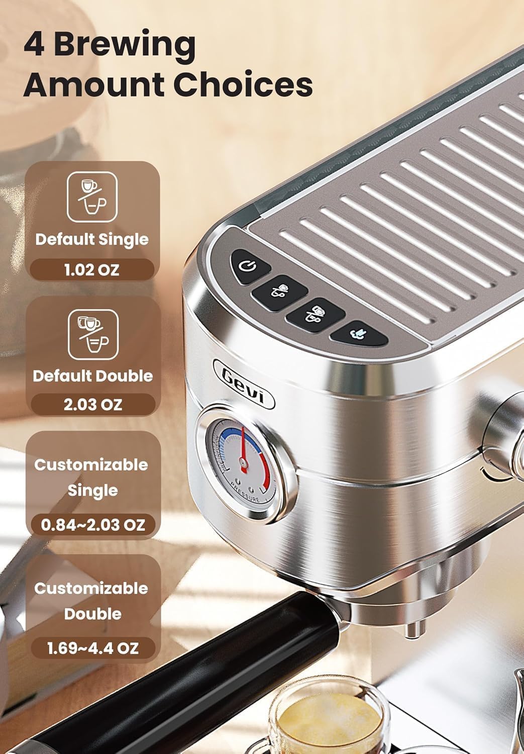 Gevi Espresso Machine 20 Bar, Professional Espresso Maker Latte Machine with Milk Frother, Stainless Steel Expresso Coffee Machines for Home, Compact Cappuccino Machine, Great Gift Choice, Silver Gevi