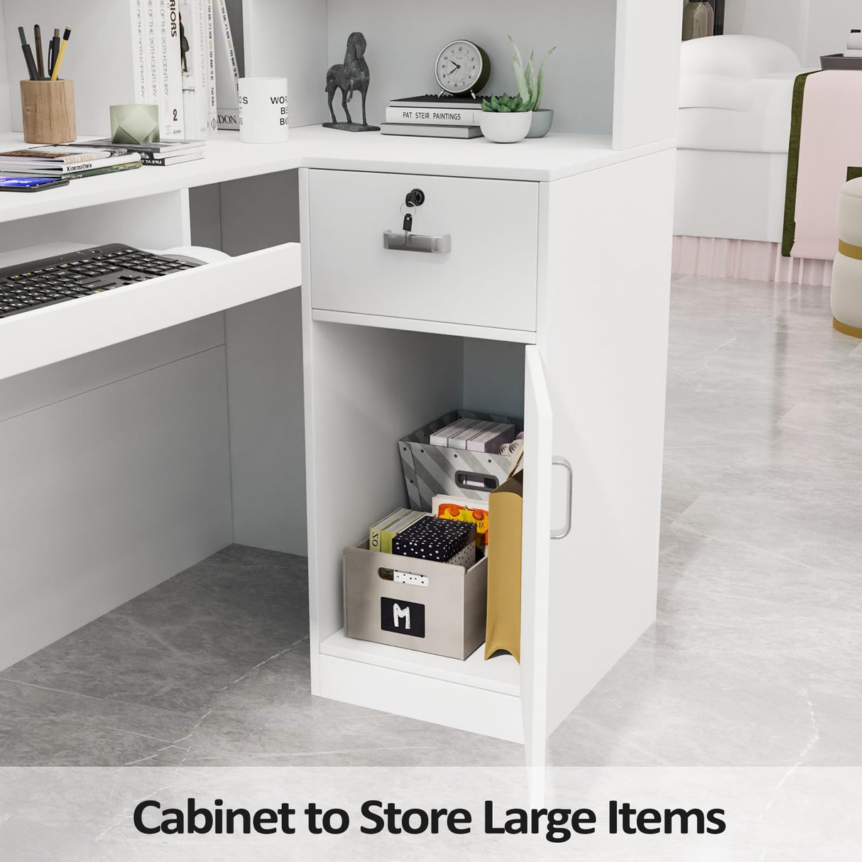 OmySalon Modern Reception Desk, L-Shaped Front Desk with Moveable Shelves and Lockable Drawers, Retail Checkout Counter Table, for Lobby Beauty Salon Office, White (55.9" W x 18.9" D x 48" H) OmySalon