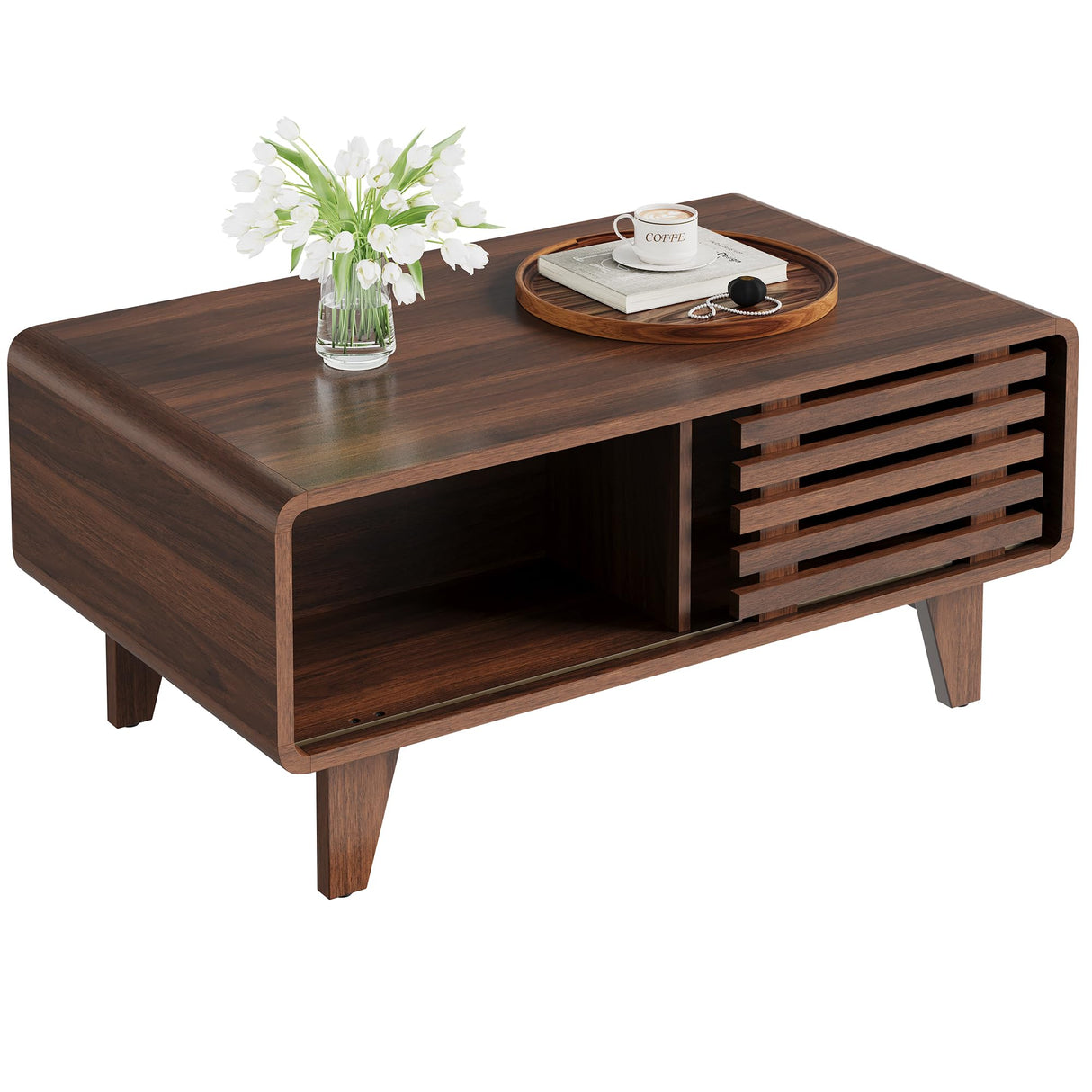 Walnut Coffee Table with Storage, 39" Mid Century Modern Coffee Table for Living Room Rectangle Wooden Center Table Small Fluted Tea Table with Sliding Door and Open Shelves Luoxiao