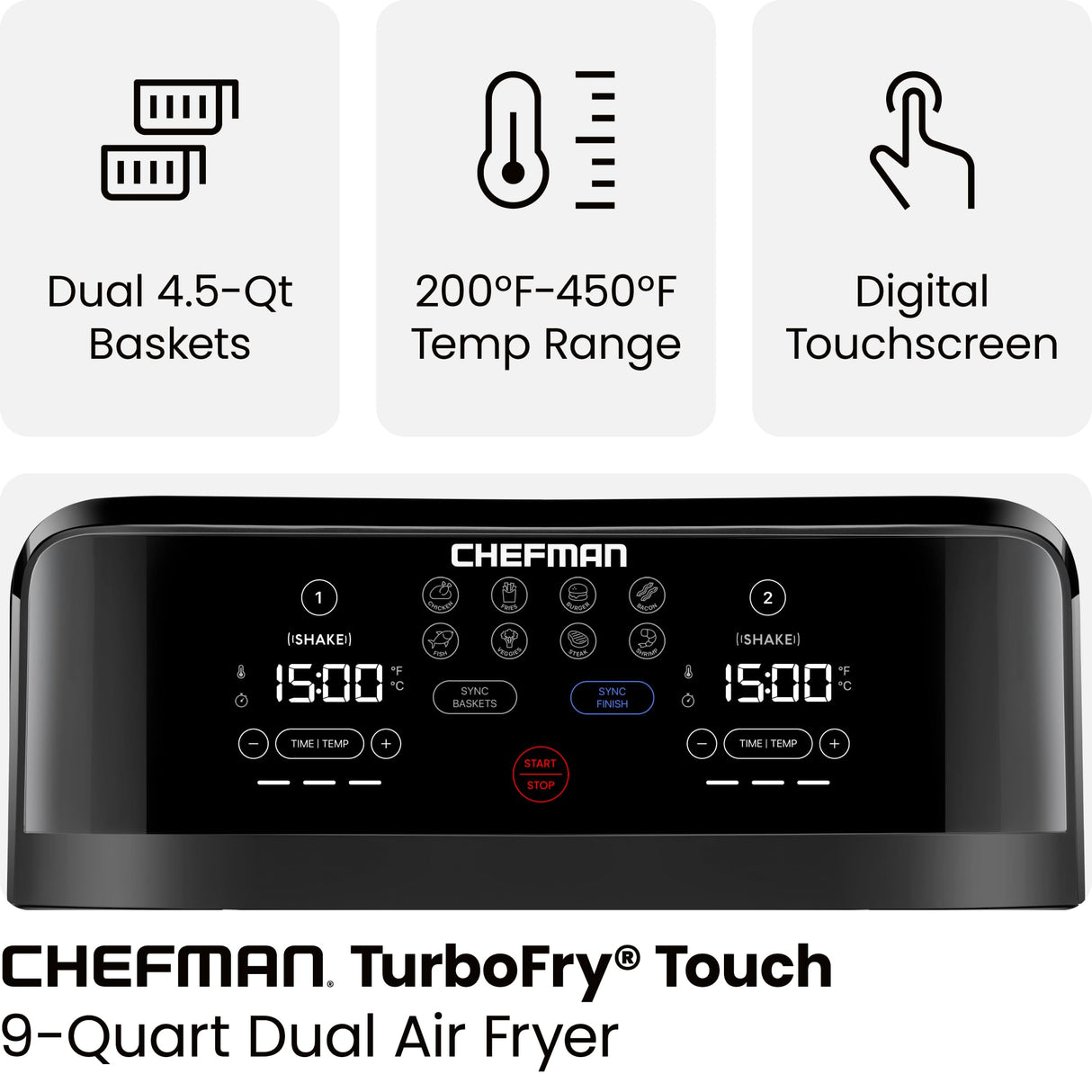 Chefman TurboFry Touch Dual Air Fryer, Maximize The Healthiest Meals With Double Basket Capacity, One-Touch Digital Controls And Shake Reminder For The Perfect Crispy And Low-Calorie Finish Chefman