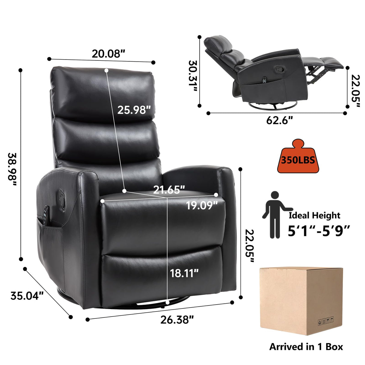 PELUMY Manual Recliner Chair with Heat & Vibration Massage, 360° Swivel Rocker Recliner with 155° Recline and Lumbar Heat, Compact Recliner for Living Room & Small Spaces (Breathable Leather, Black) PELUMY