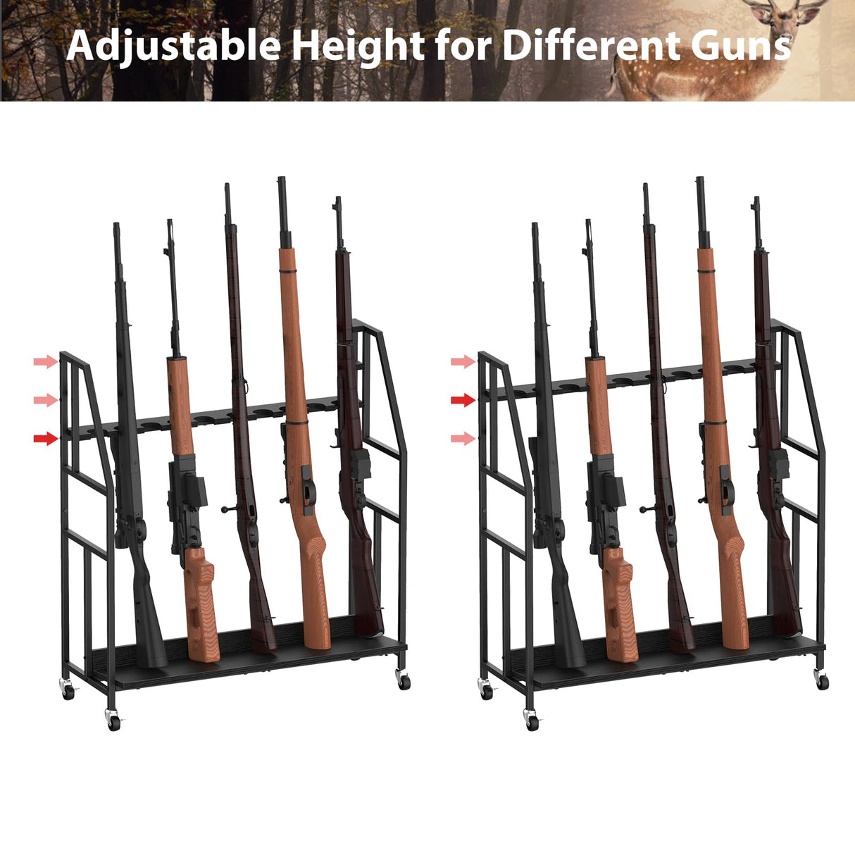 Gun Racks, Floor Standing Shotgun Rack Indoor Outdoor, Heavy Duty Metal Frame Wooden Rifle Racks with Wheels, Vertical Display Stand for Home Garage Gun Storage - Holds up to 10 Long Guns Nandae