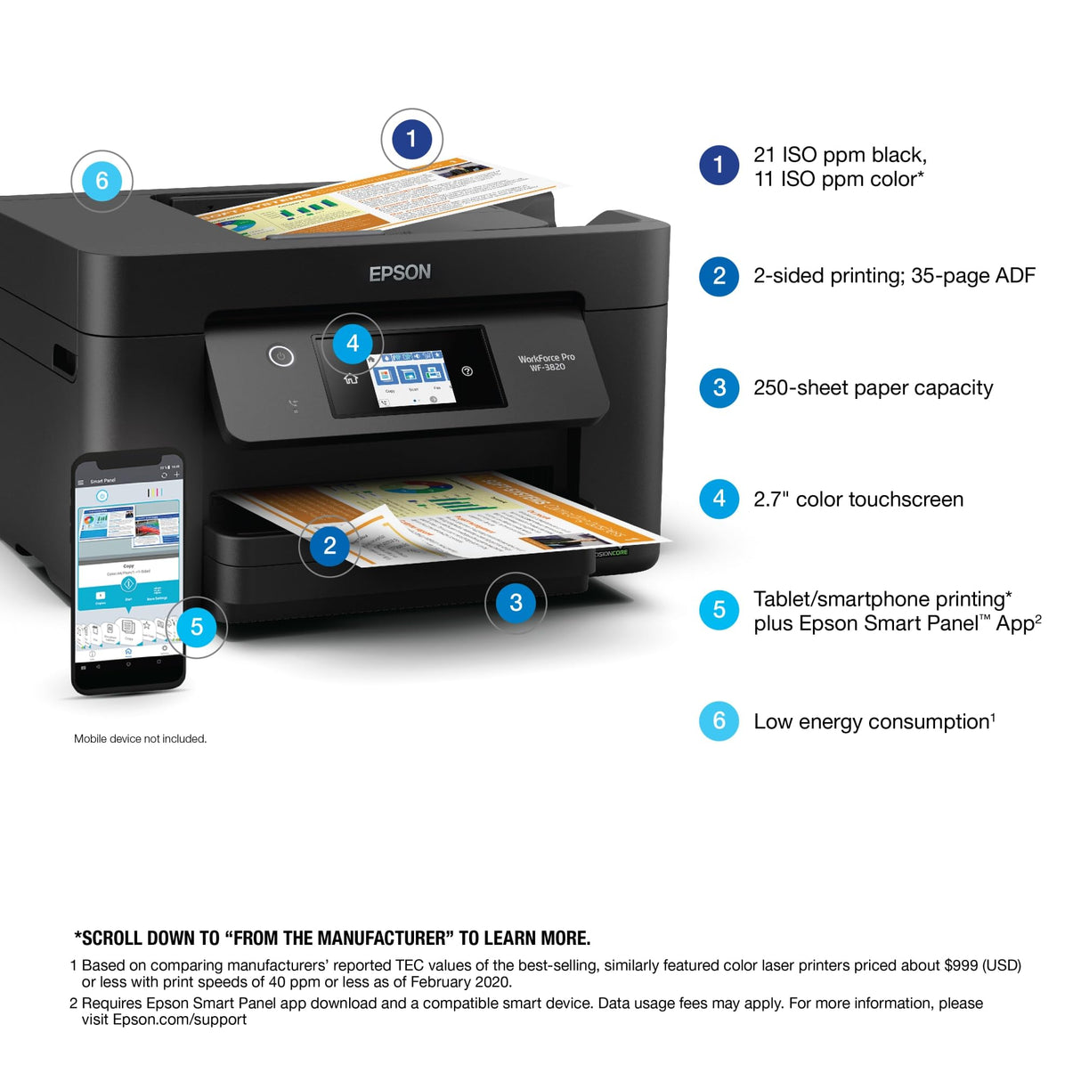 Epson WorkForce Pro WF-3820 Wireless All-in-One Printer with Auto 2-sided Printing, 35-page ADF, 250-sheet Paper Tray and 2.7" Color Touchscreen, Works with Alexa Epson