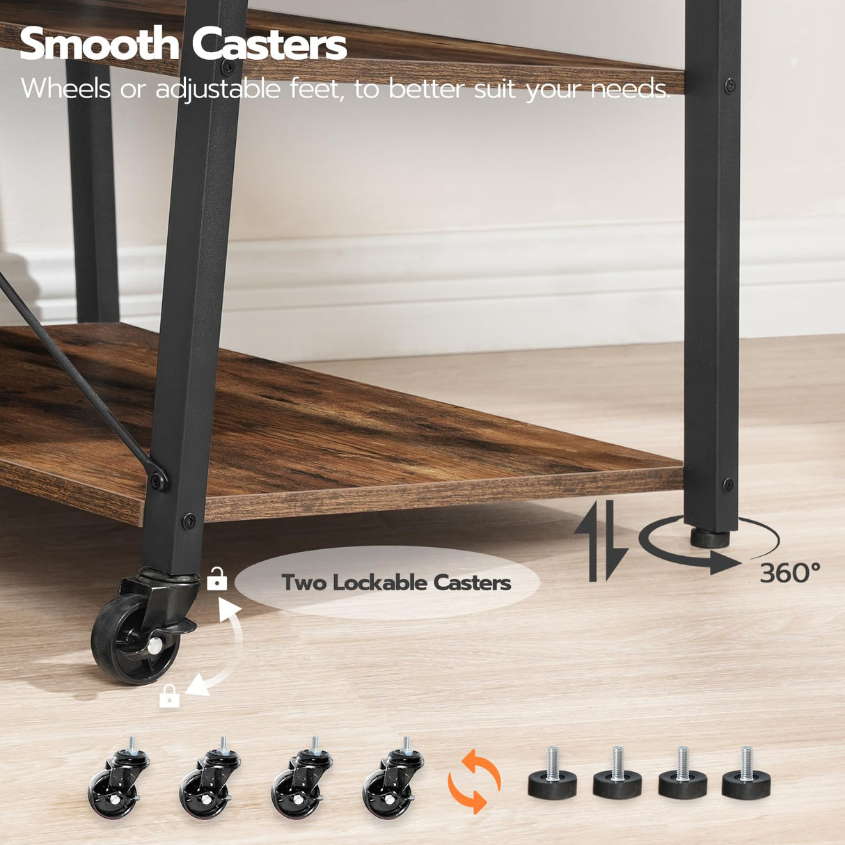 HOOBRO Rolling TV Stand with Mount and Power Outlet Up to 55 inch TV, Corner Entertainment Center, Small TV Stand with 3-Tier Storage Shelves for Living Room, Bedroom, Rustic Brown and Black BF66UDS01 HOOBRO