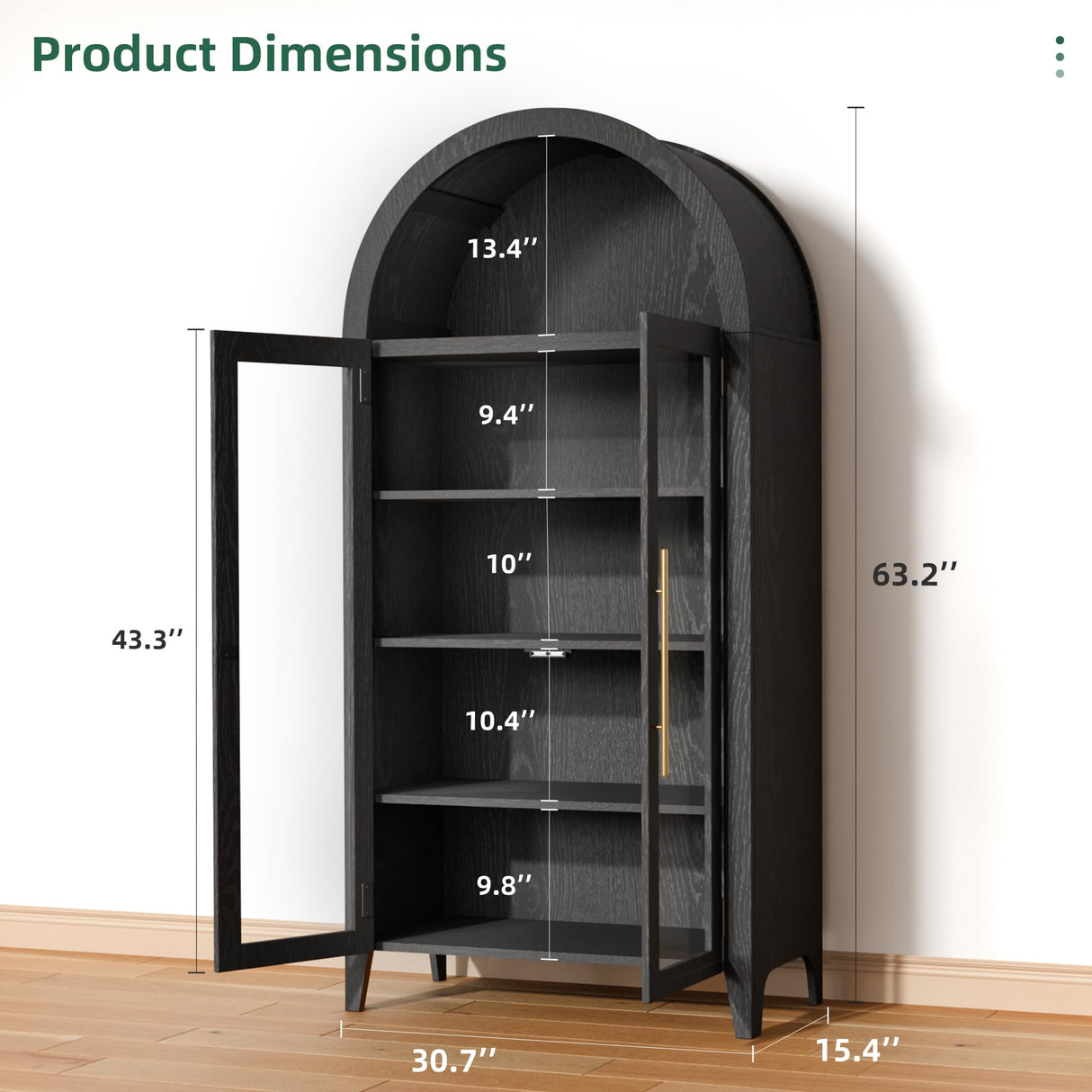 infurnic Arched Display Cabinet, 63'' Tall 5-Tier Arched Bookcase with Glass Doors & Adjustable Shelves for Living Room, Dining Room & Kitchen, Black infurnic