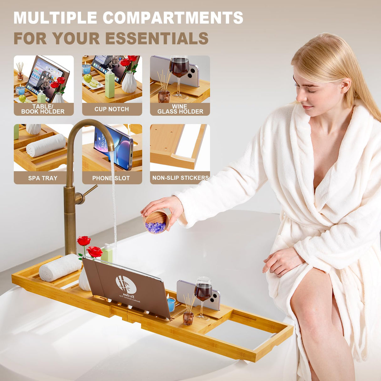 Yirilan Bamboo Bathtub Tray Caddy, Expandable Wooden Bathroom Tray, Luxury Bamboo Bathtub Tray, Bath Tub Table Caddy, Bamboo Yirilan