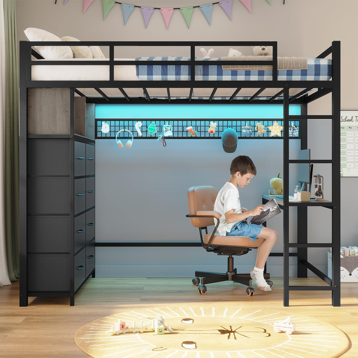 ADORNEVE Twin Size Loft Bed with Desk and 8 Storage Drawers, Metal Loft Bed Twin with LED Lights & Charging Sation, Storage Shelves, 13.1" H Safety Guard & Ladder, No Box Spring Needed, Grey ADORNEVE
