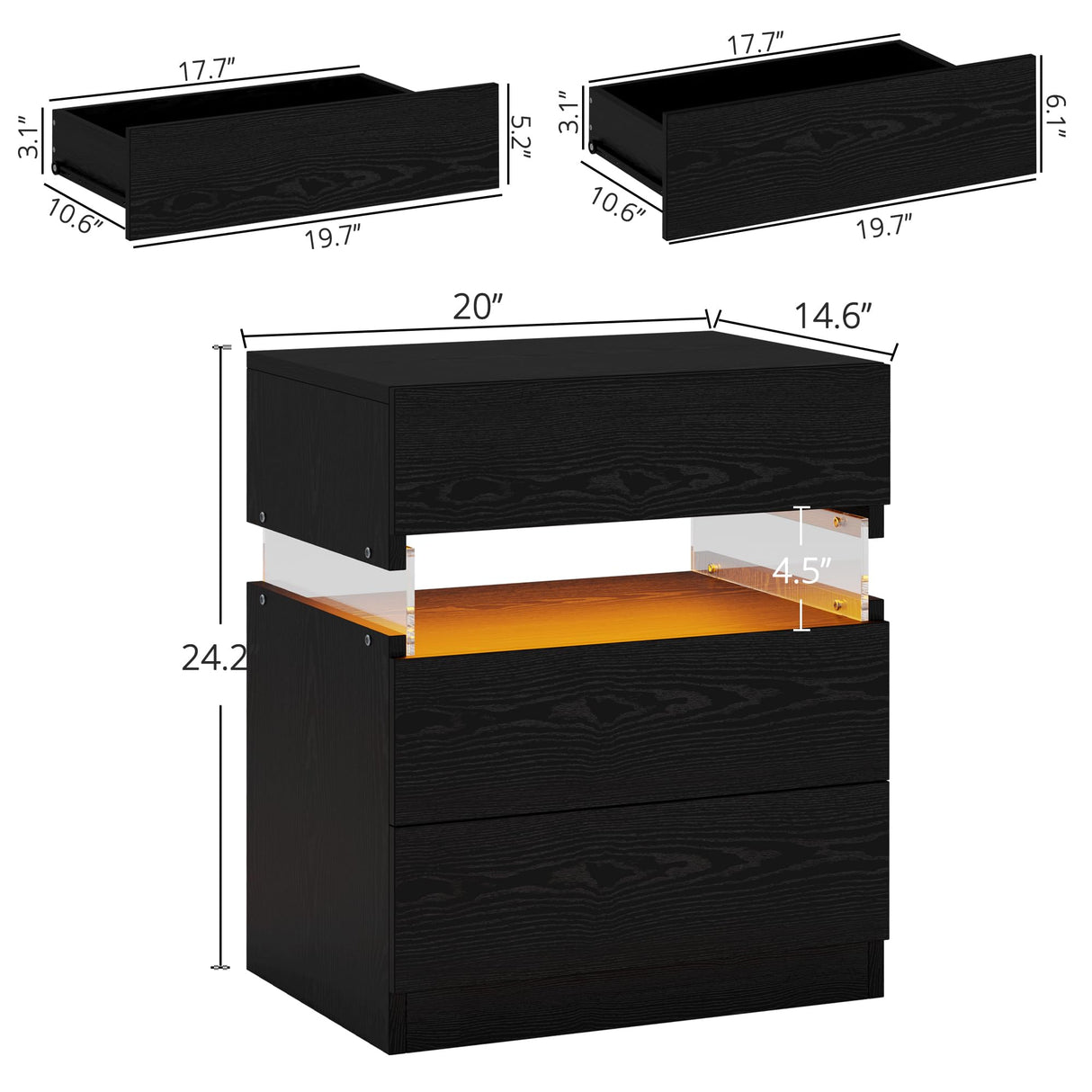 IRONCK Night Stand, LED Nightstand with 3 Drawers, Modern Bedside Table with Storage, End Table for Bedroom, Black IRONCK