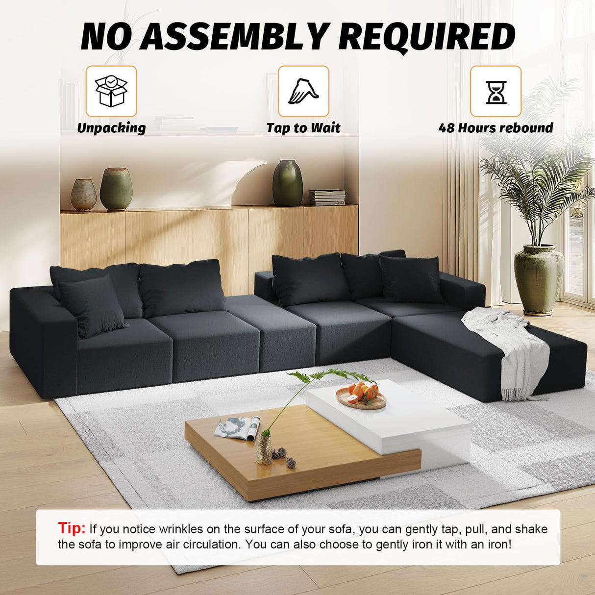 MJQFVM 132'' Oversized Cloud Couch, Upholstered Modular Sectional Sofa with 6 Pillows, Deep Seat Chenille Couches for Living Room, Free Combination, No Assembly Required (Black) MJQFVM