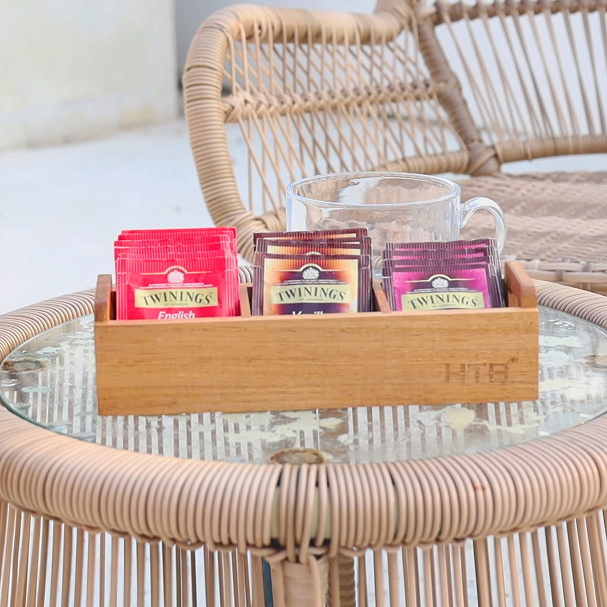 HTB Small Tea Bag Box Wooden, 3 Compartments Acacia Wood Tea Bag Chest with Handle, Mini Countertop Divided Storage Container for Beverage Supplies, Sugar, Sweeteners, Individual Packets HTB