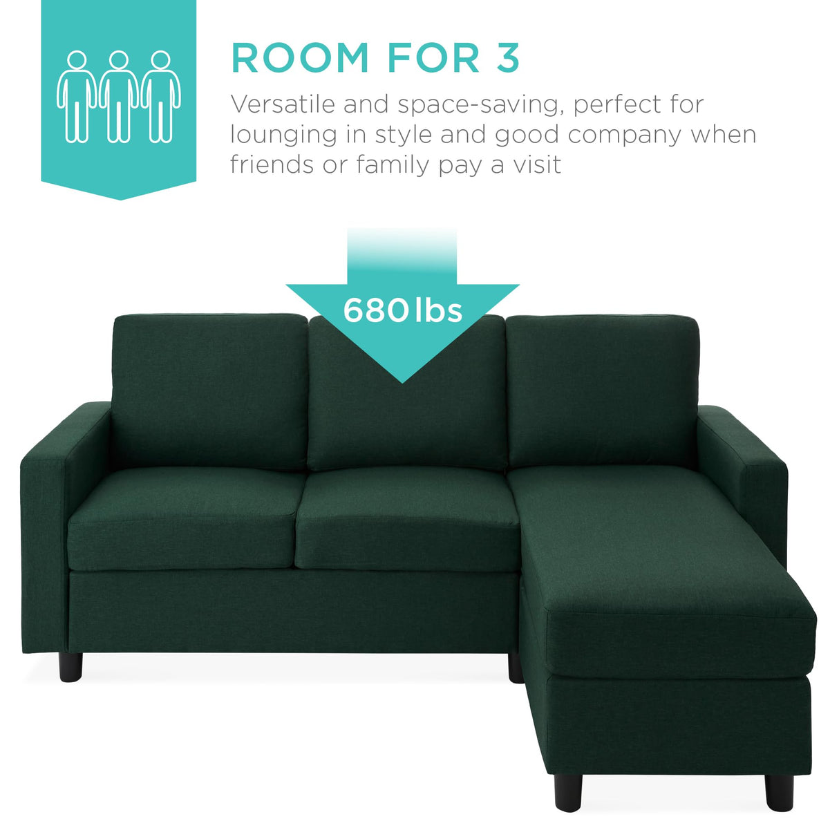 Best Choice Products Upholstered Sectional Sofa for Home, Apartment, Dorm, Bonus Room, Compact Spaces w/Chaise Lounge, 3-Seat, L-Shape Design, Reversible Ottoman Bench, 680lb Capacity - Dark Green Best Choice Products